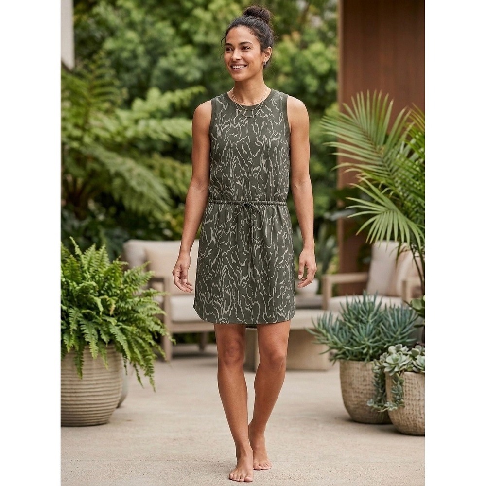 Athleta Rincon Printed Dress Green Abstract Sleeveless Drawstring Mini Dress M